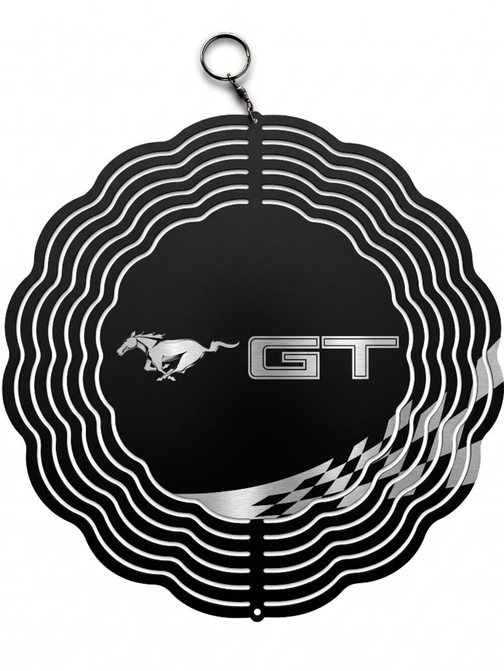 10" Ford Mustang GT Checkered Flag Kinetic Wind Spinner - Black Metal Yard Decor